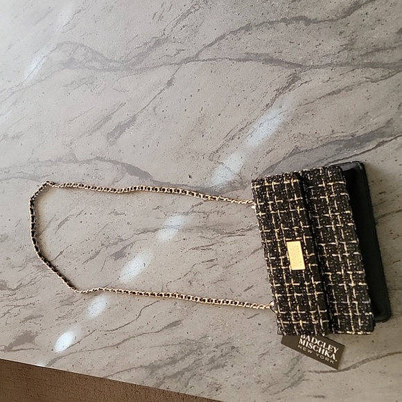 BADGLEY MISCHKA NY Tweed Shoulder Bag w/Gold Tone Chain Strap Black NWT - Picture 4 of 13